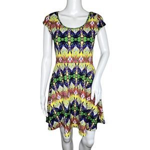 What's Hot Dress Womens Small Yellow Green Geo Skater Dress Fit Flare 2000s Y2K‎